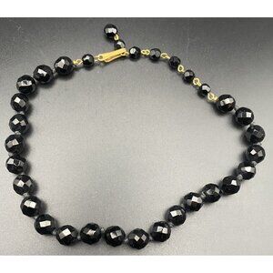 Vintage Black Onyx Necklace Faceted Hand Knotted Gold Tone Choker 12+3"